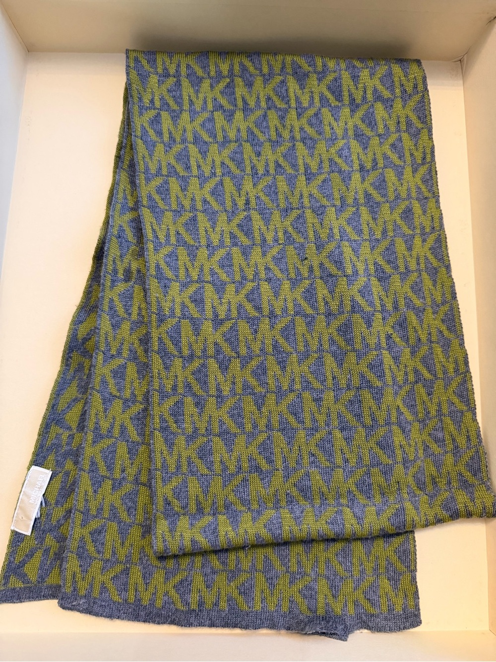 Michael Kors fall winter logo scarf in gray with green logo .